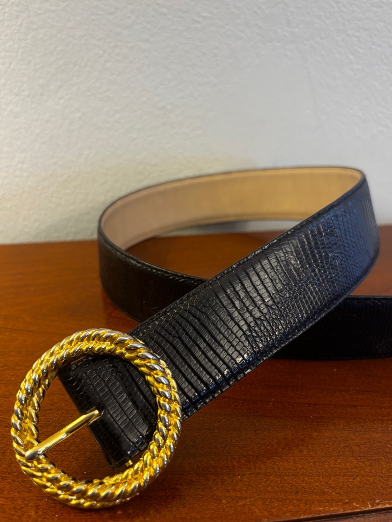 Vintage Signature Echo Genuine Lizard Skin Black Belt Gold Rope Buckle Size M